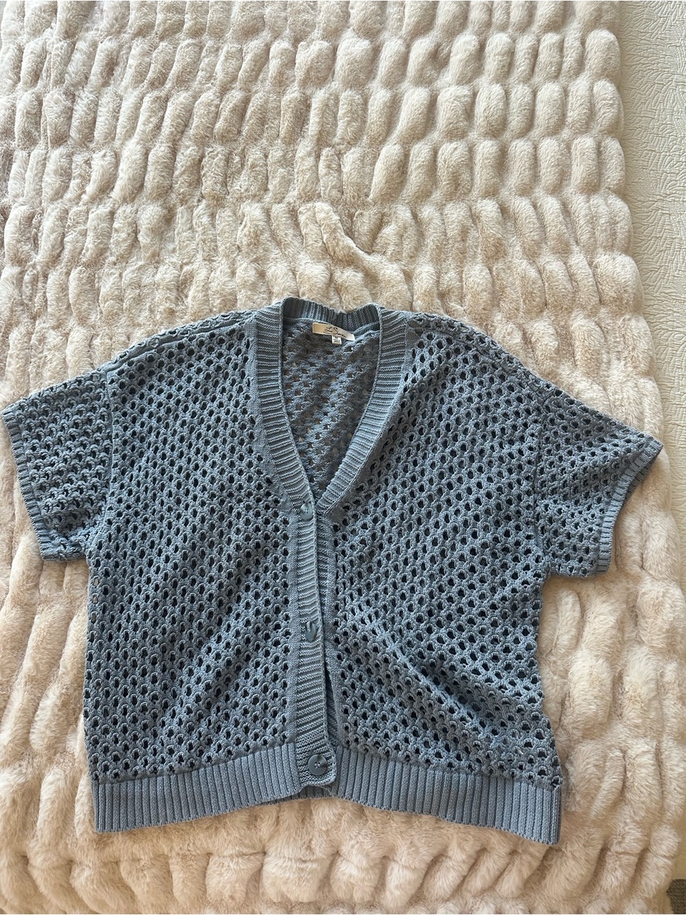 Crochet Short Sleeve Cardigan in Slate Blue